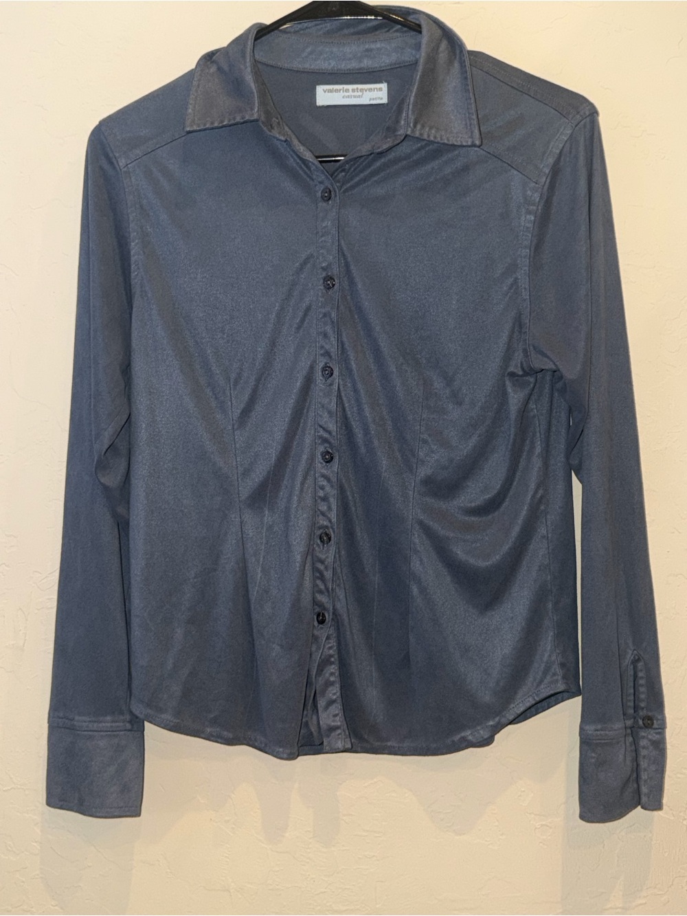 Vtg Valerie Stevens Petites Size Small Blue 100% Polyester Button Down Blouse